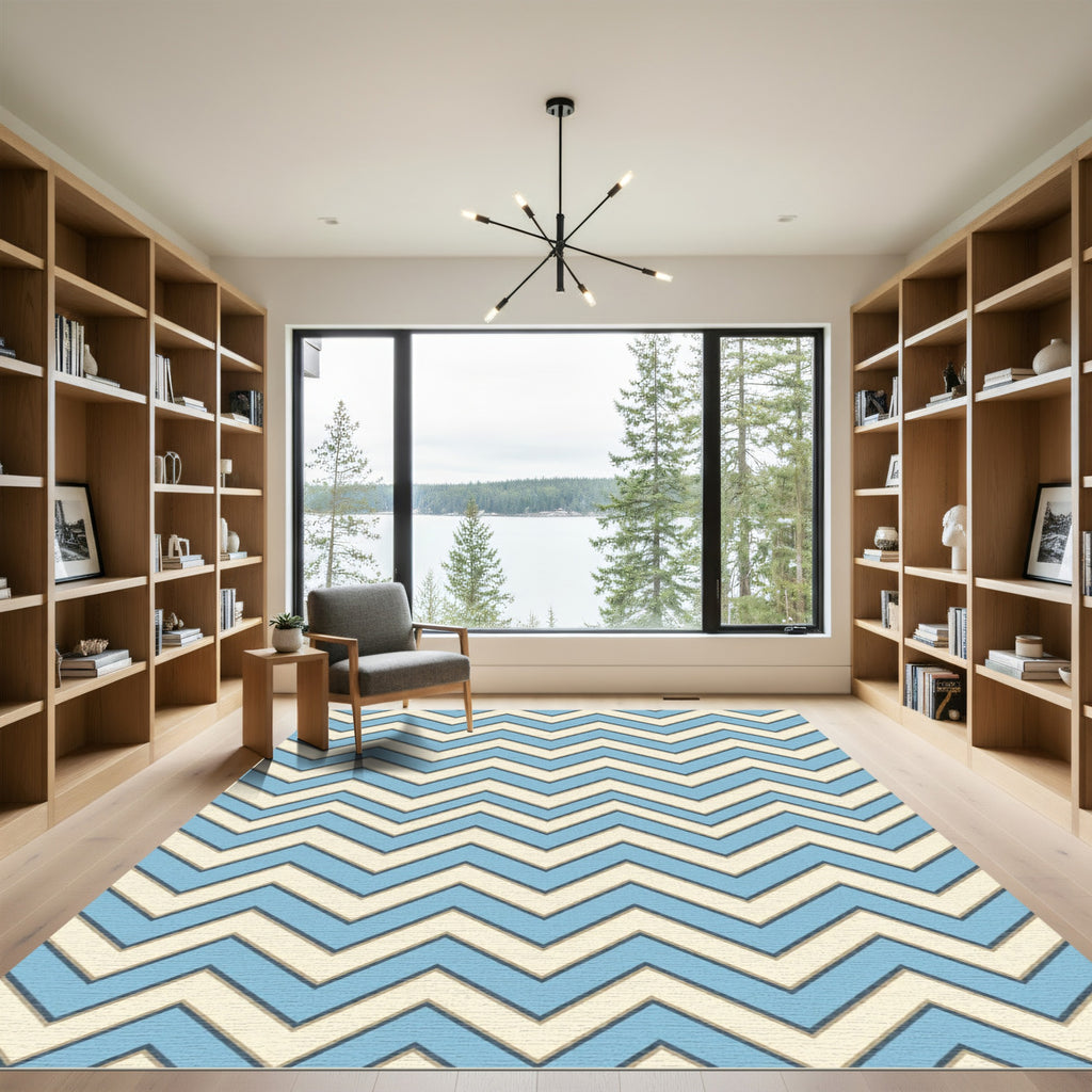 Blue and Cream Zigzag Chevron Rug