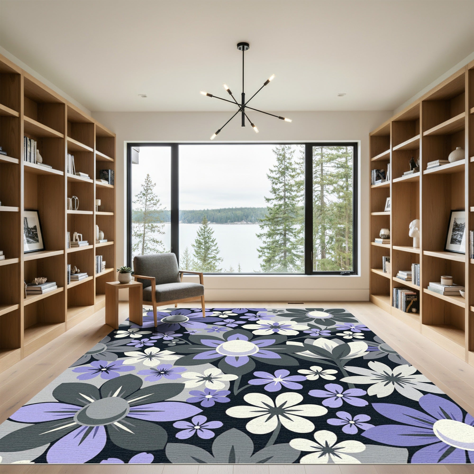 Modern Lavender and Slate Floral Art Rug