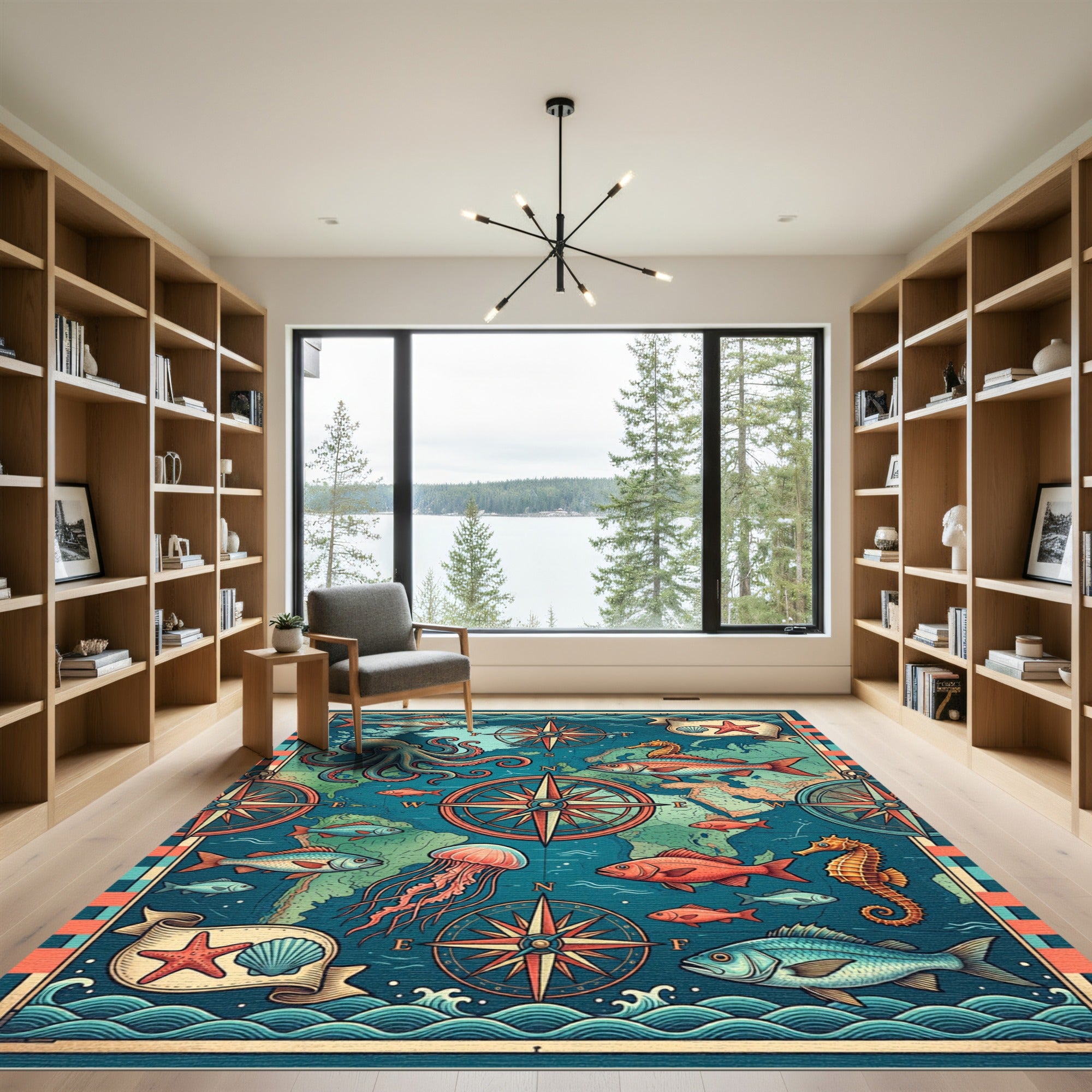 Nautical Compass Sea Creature Marine Map Rug