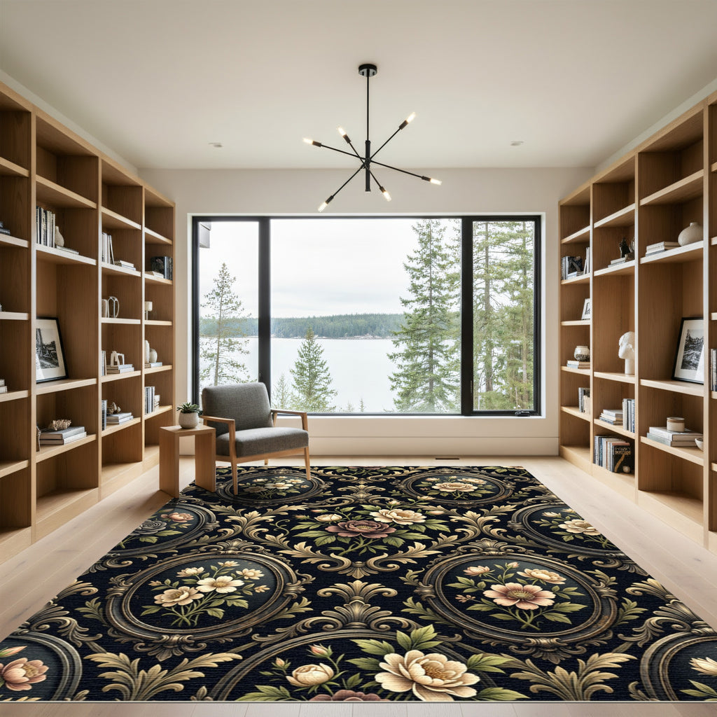 Ornate Black Floral Oval Medallion Rug