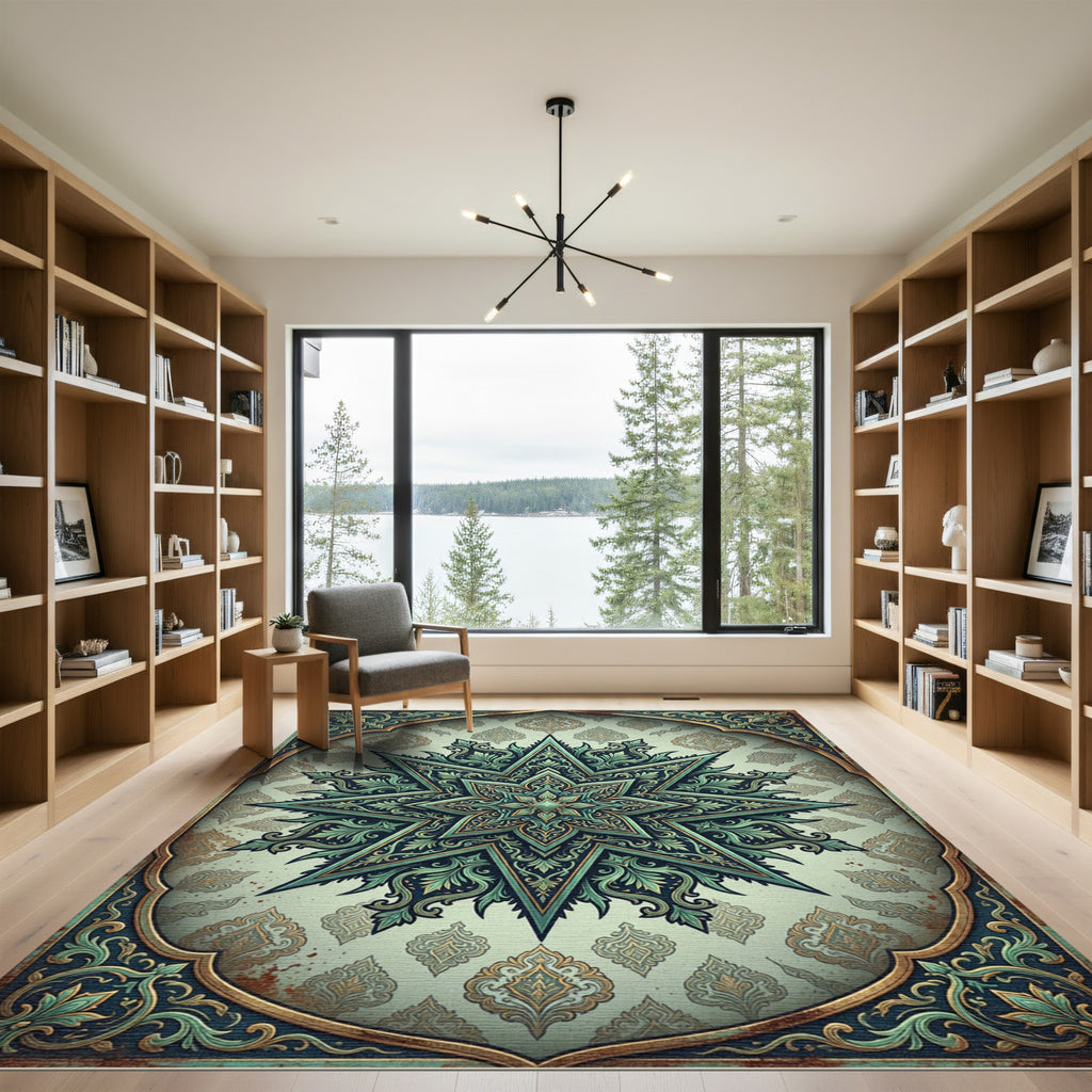 Ornate Sage Green Star Mandala Rug