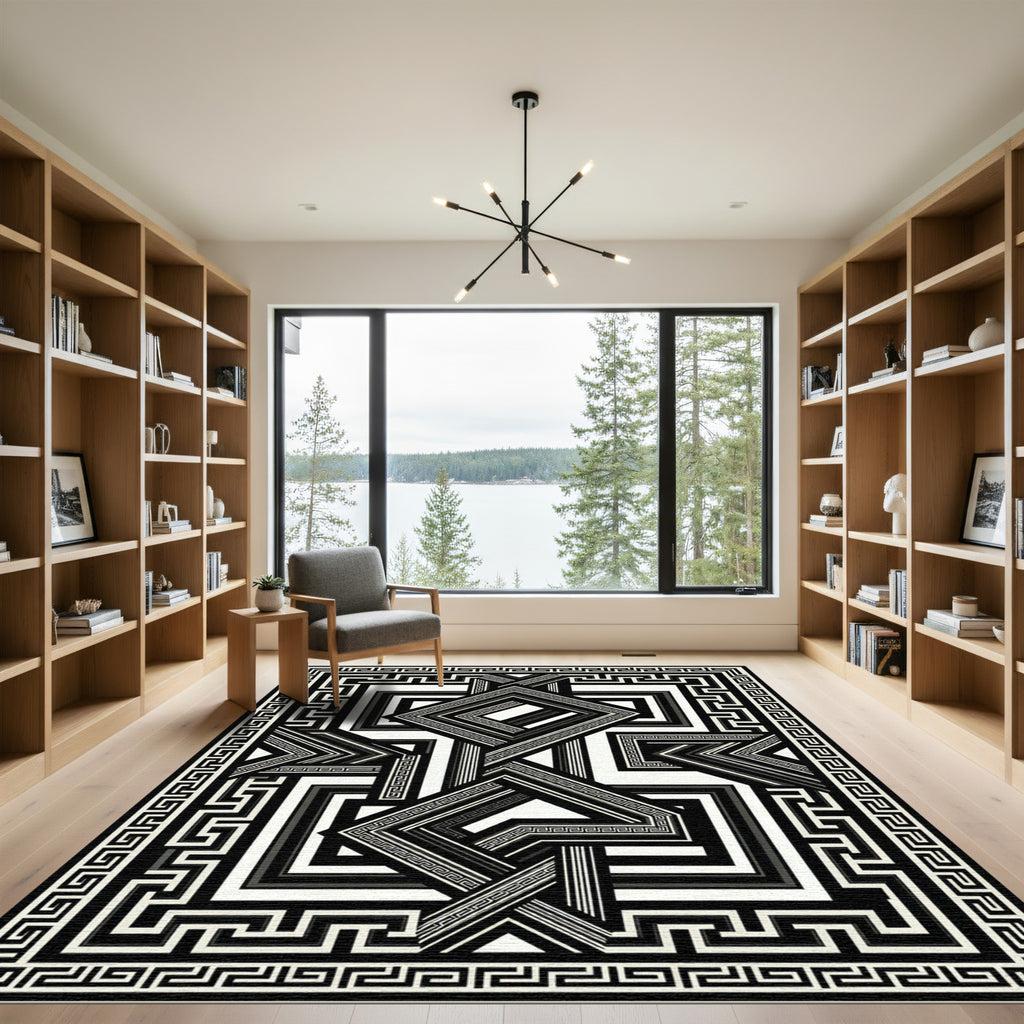 Monochromatic Geometric Greek Key Overlay Rug