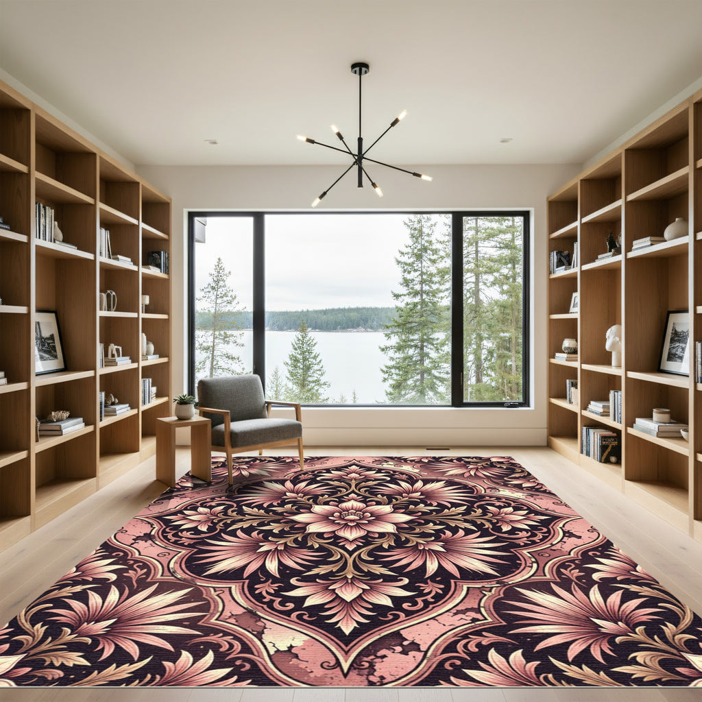Elegant Blush Floral Damask Medallion Rug