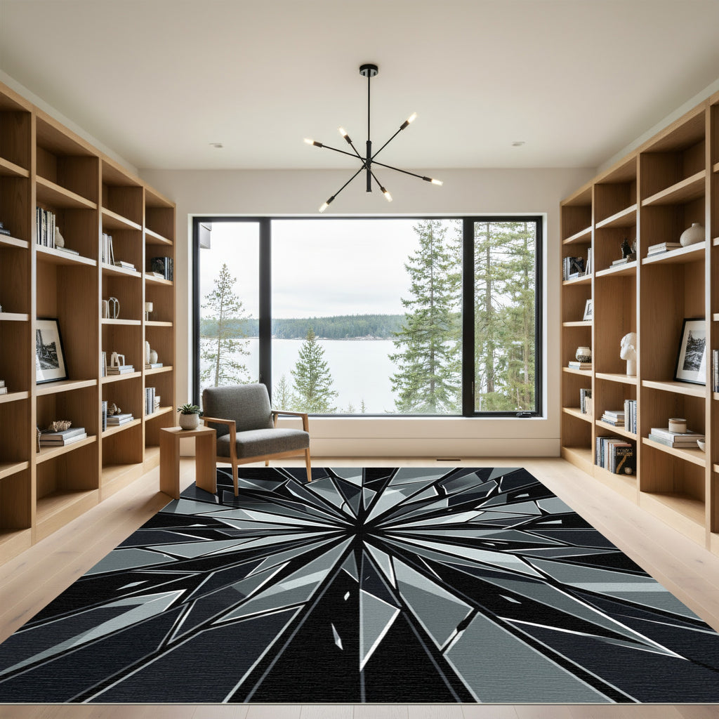 Monochromatic Geometric Starburst Shattered Glass Piece Rug