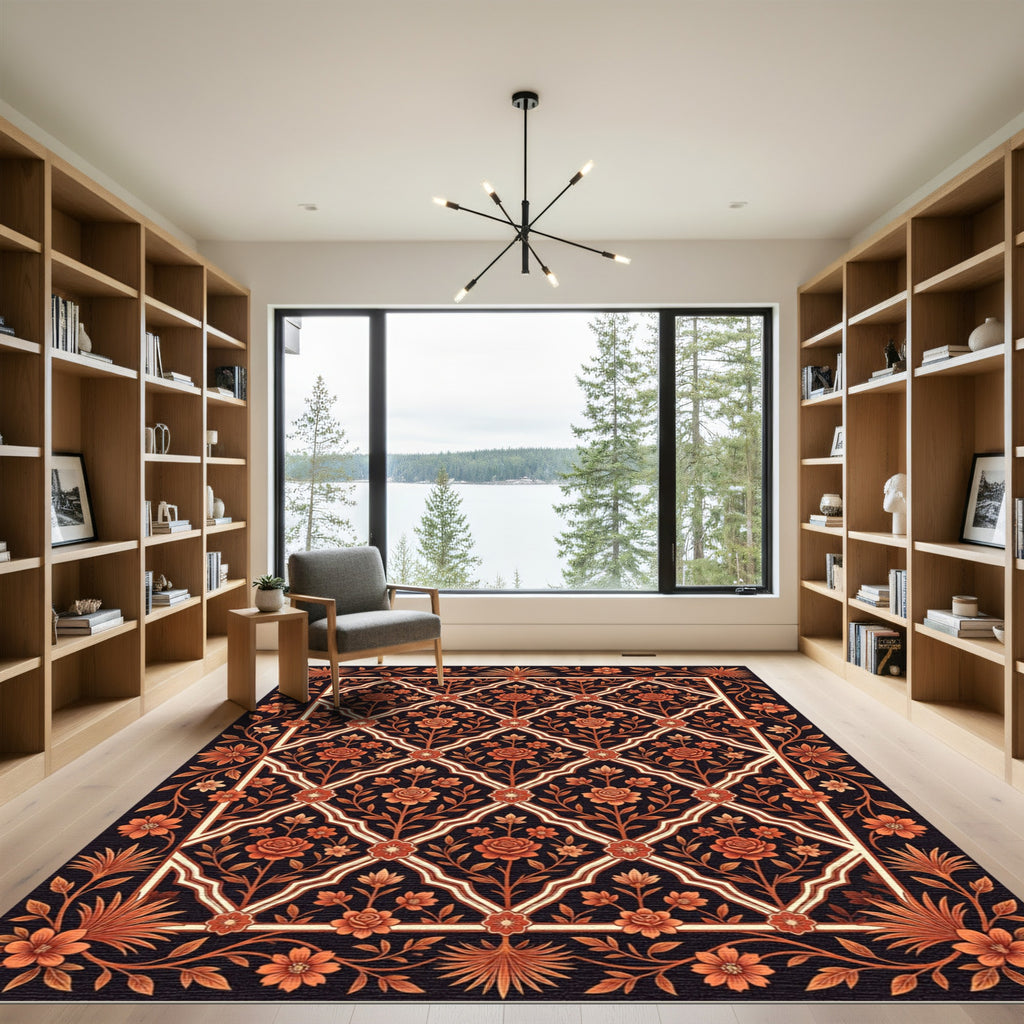 Terracotta Floral Lattice Scrollwork Rug