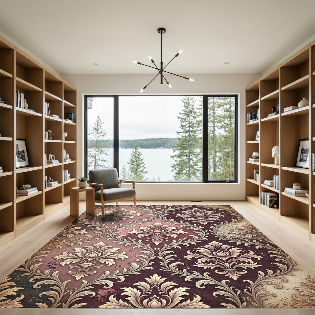 Ornate Crimson Floral Damask Rug