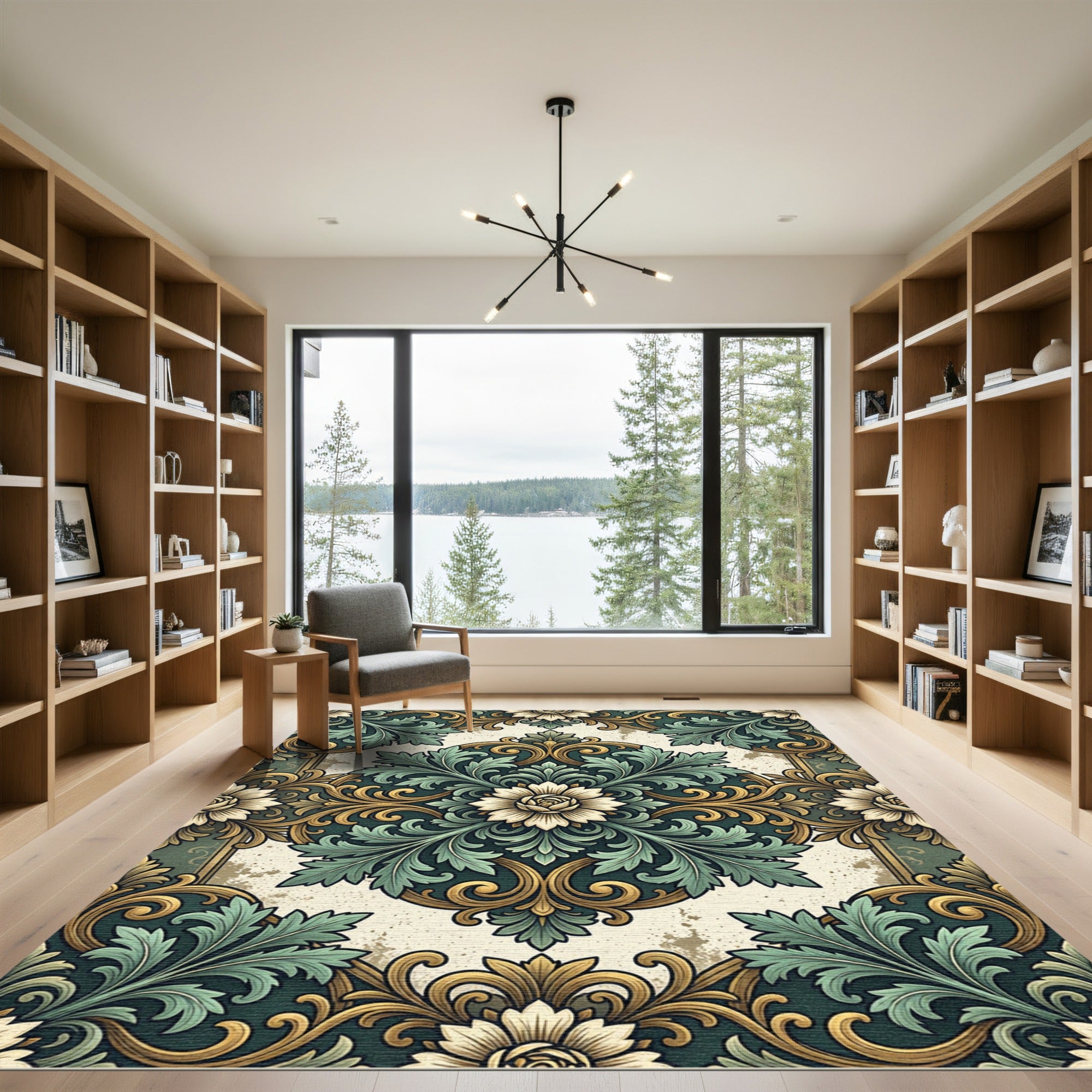 Elegant Sage and Gold Floral Medallion Rug