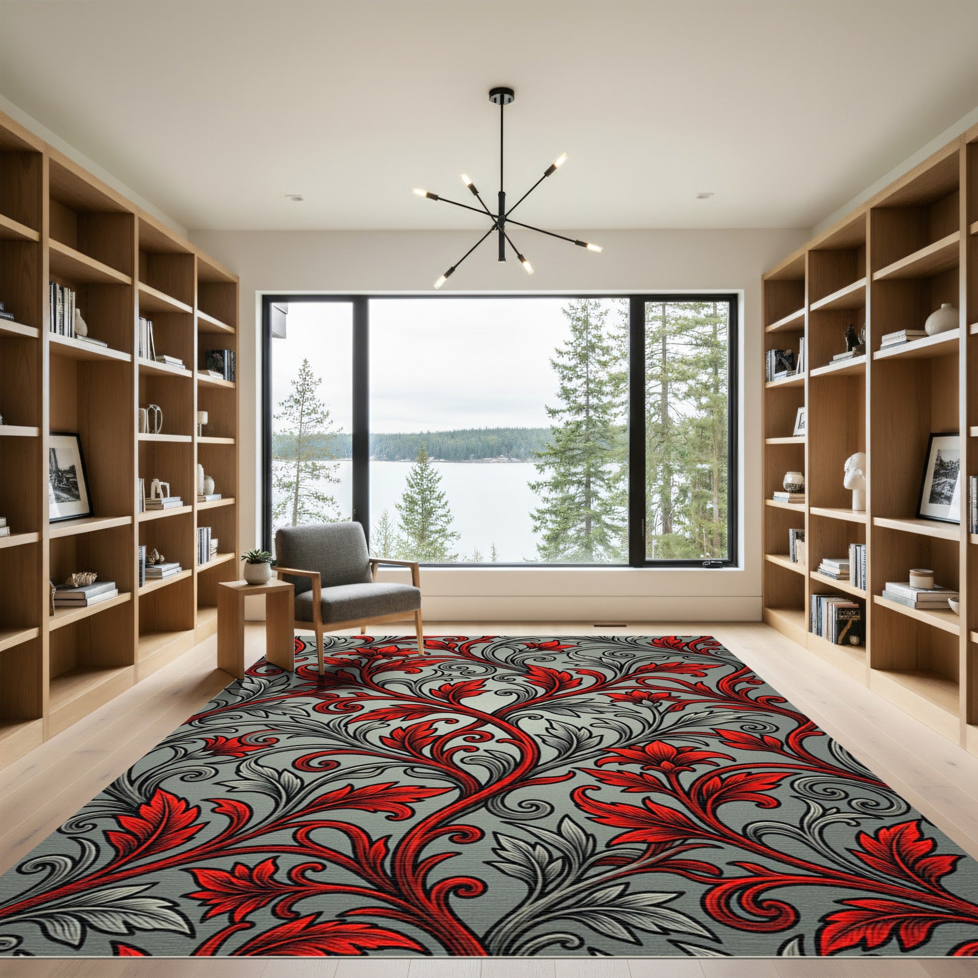 Crimson Red Floral Vine Scroll Rug
