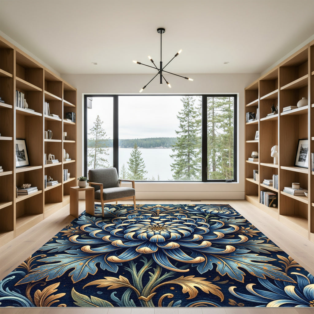 Blue Chrysanthemum Golden Leaf Botanical Rug