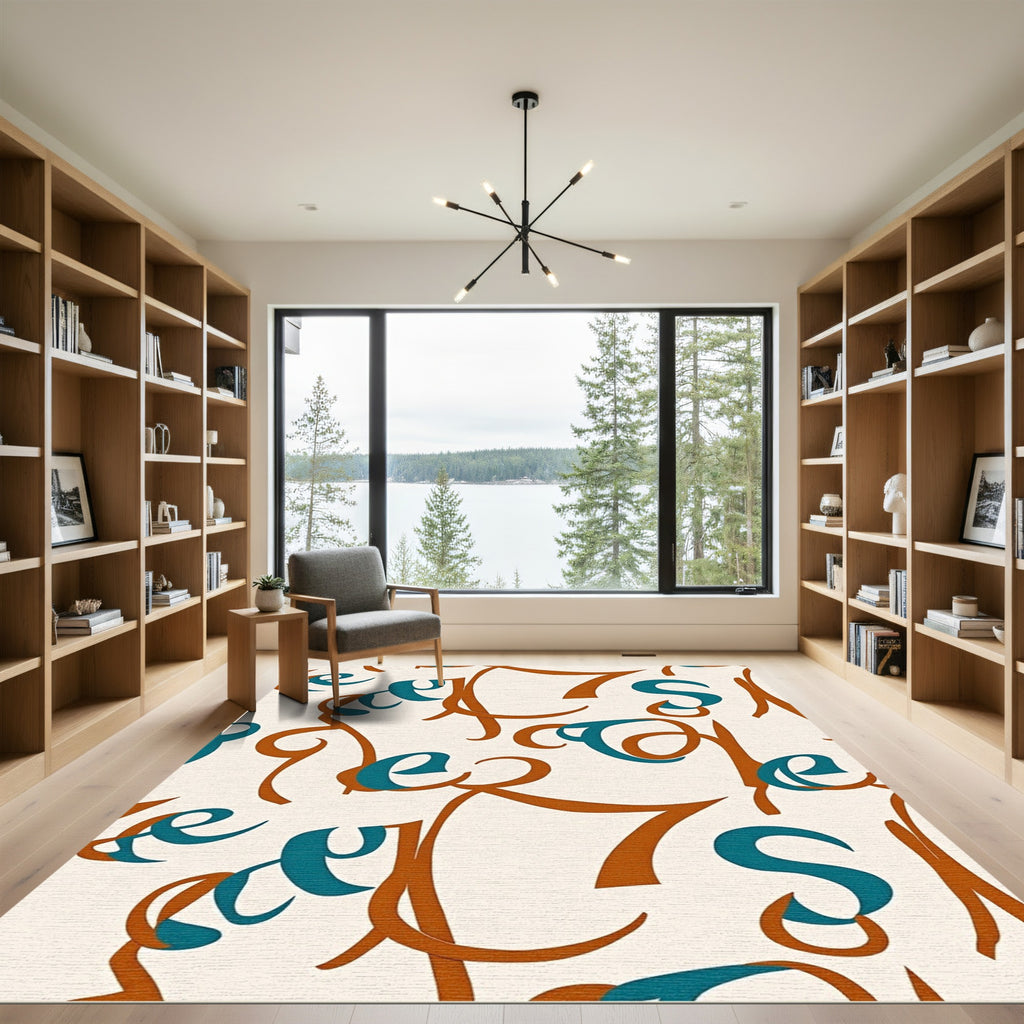 Rustic Teal Calligraphy Script Rug