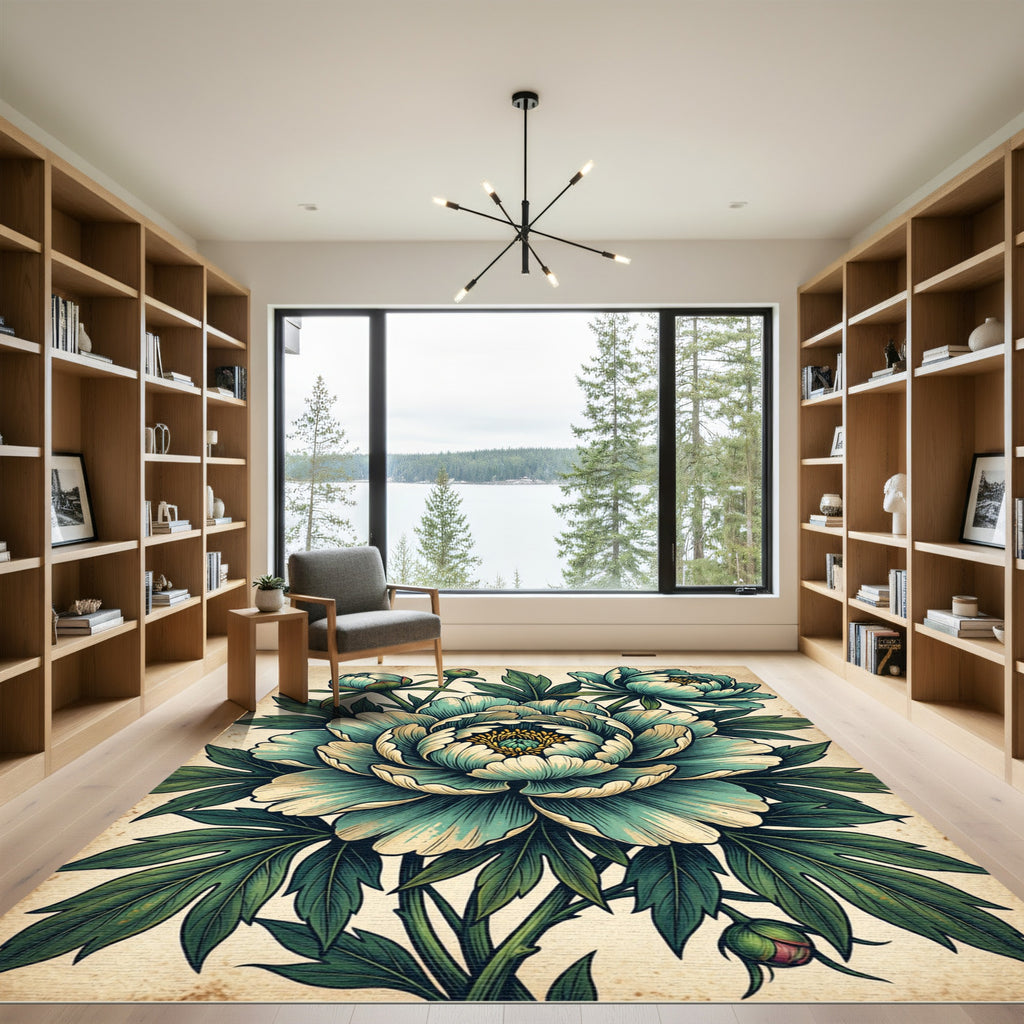 Vintage Teal Peony Botanical Illustration Rug
