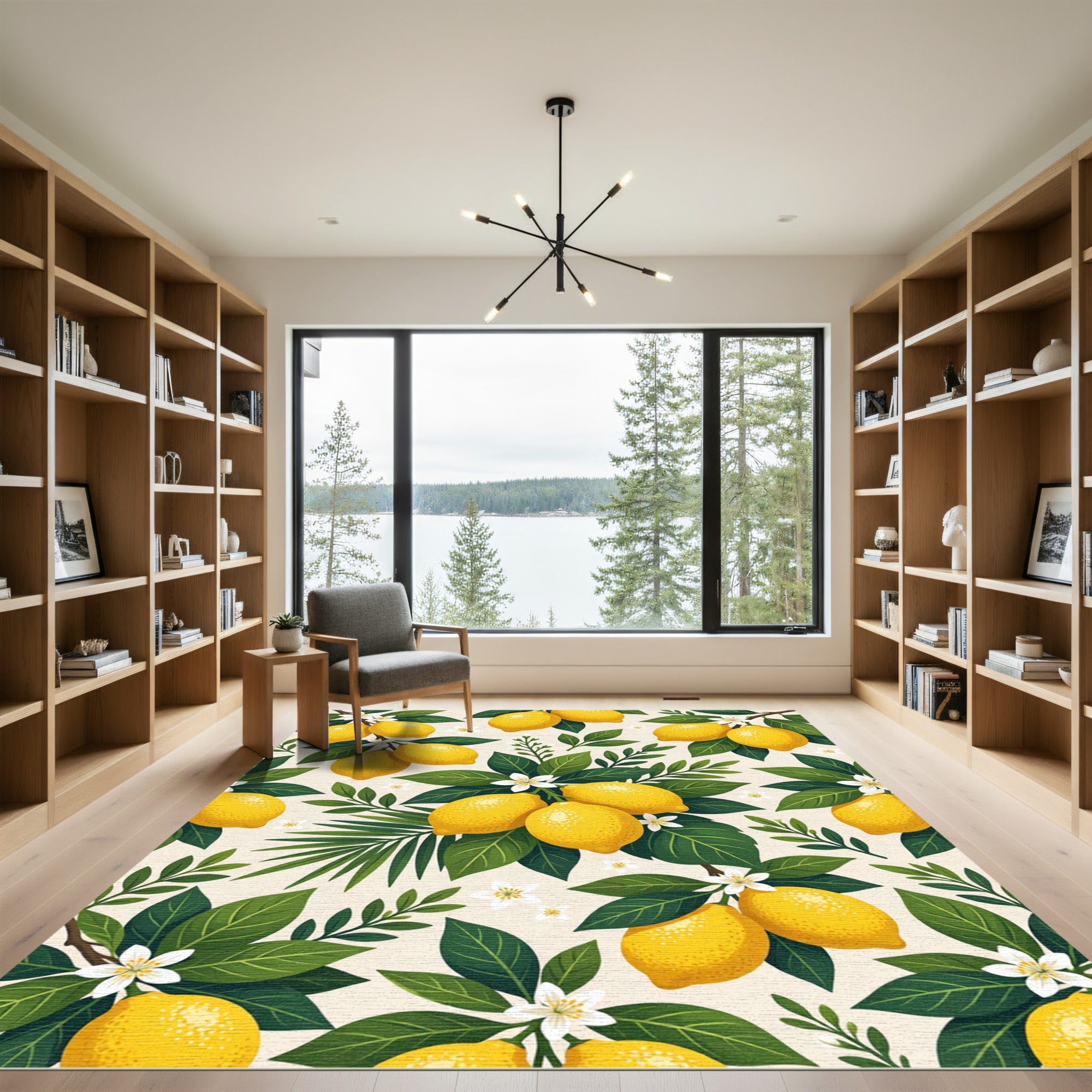 Sunny Lemon Branch Citrus Botanical Illustration Rug