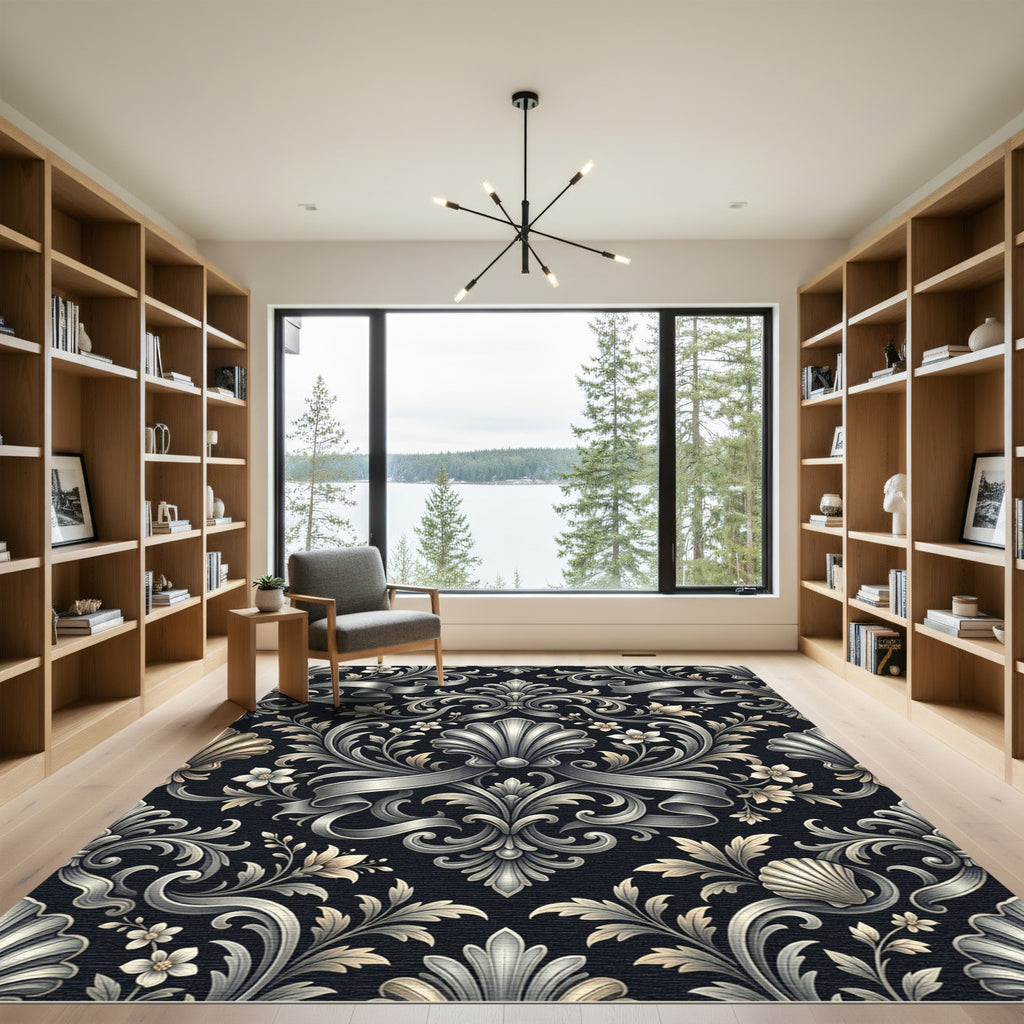 Ornate Black Floral Scroll Ribbon Rug
