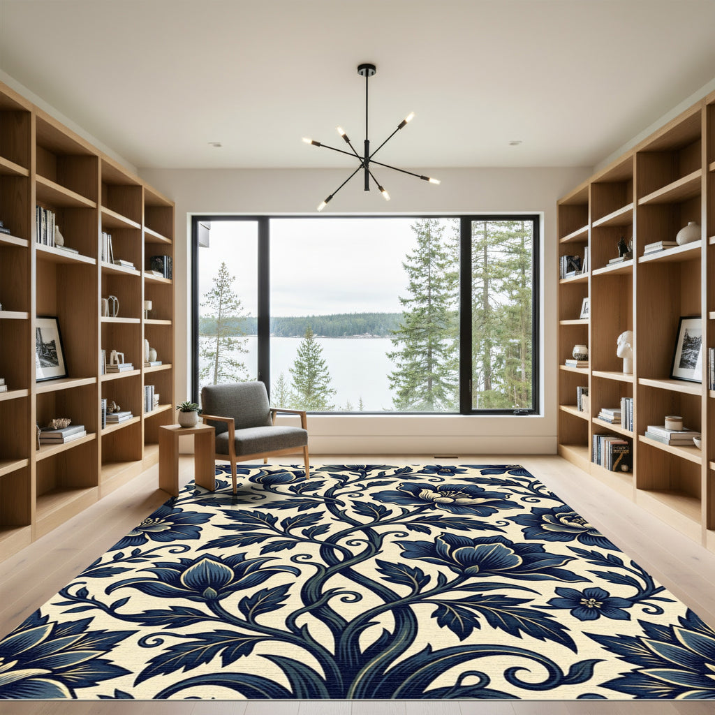 Navy Floral Botanical Scroll Art Rug