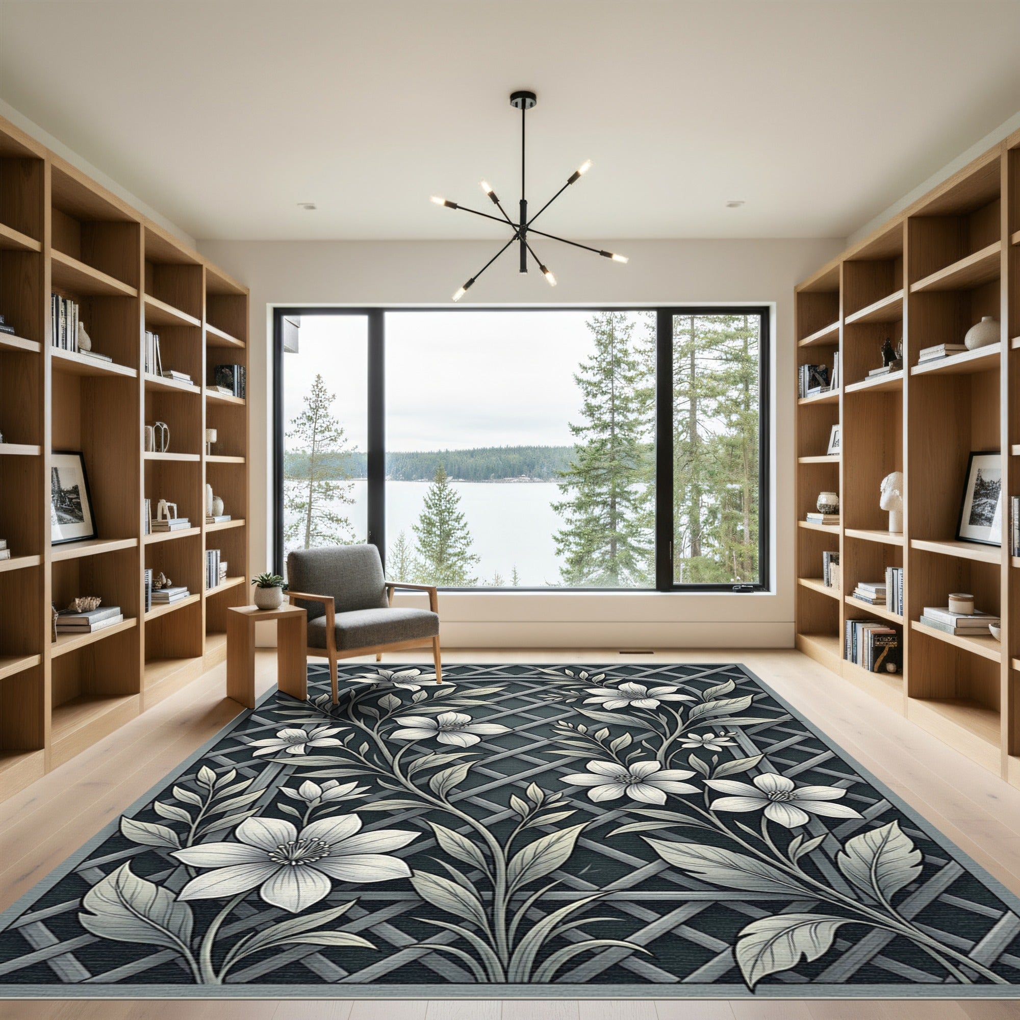 Monochromatic Floral Trellis Garden Rug