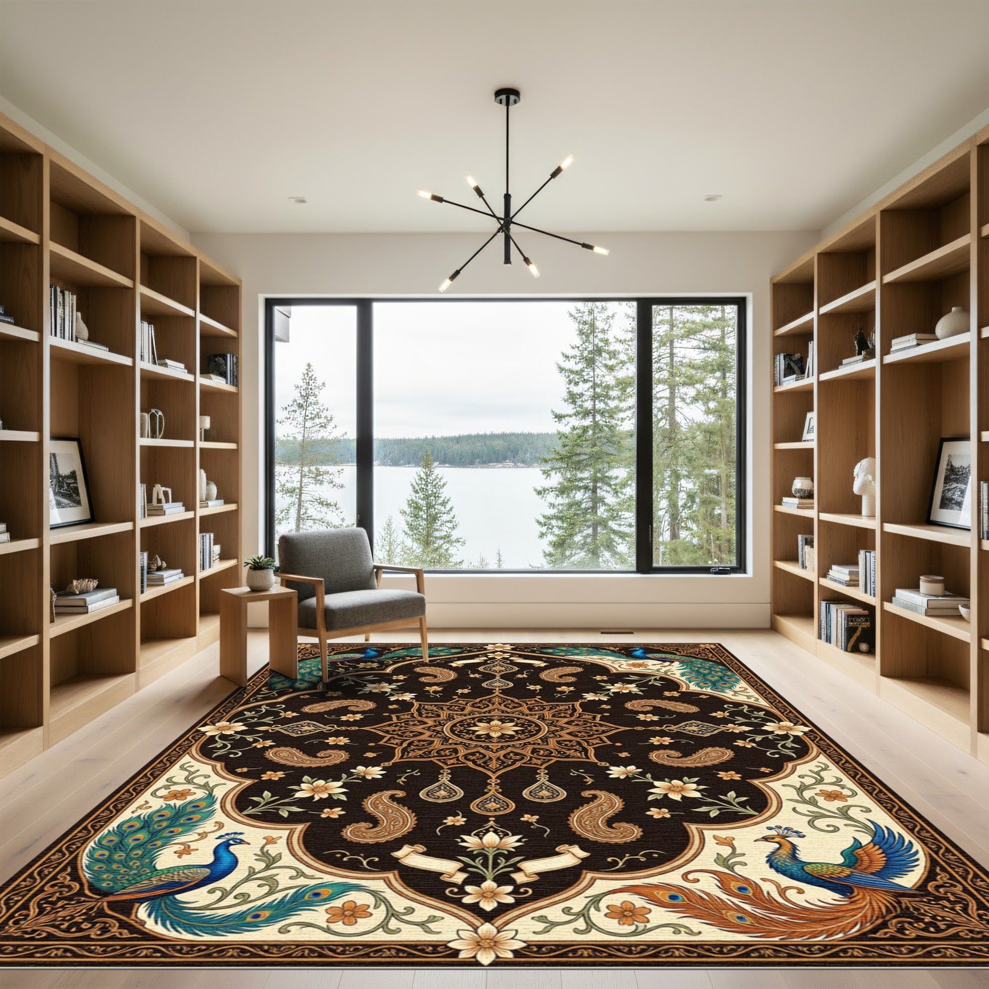 Regal Peacock Floral Medallion Black Area Rug