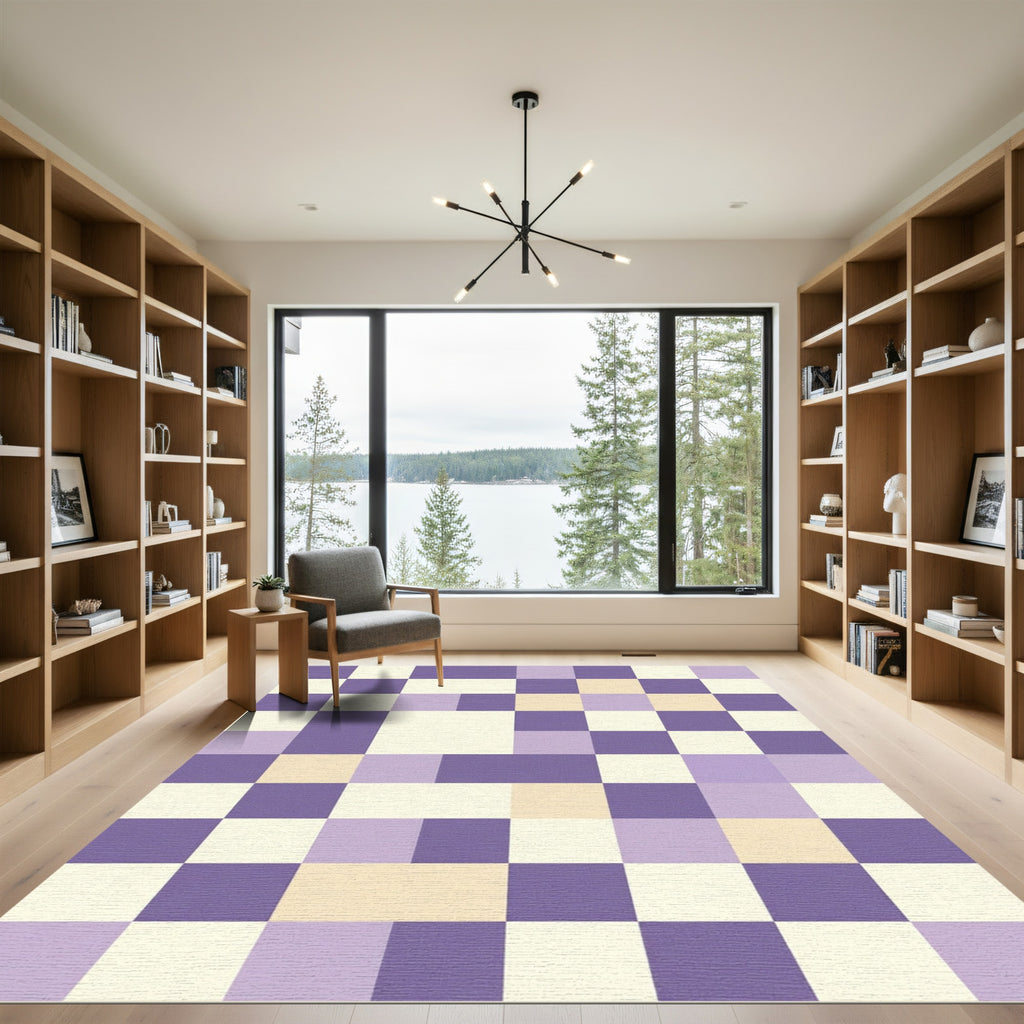Purple Lavender Cream Checkered Composition Rug
