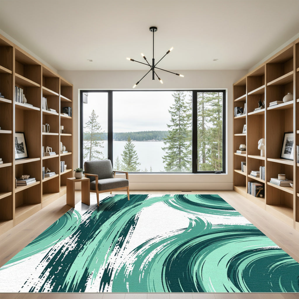 Modern Emerald Teal Abstract Swirl Rug