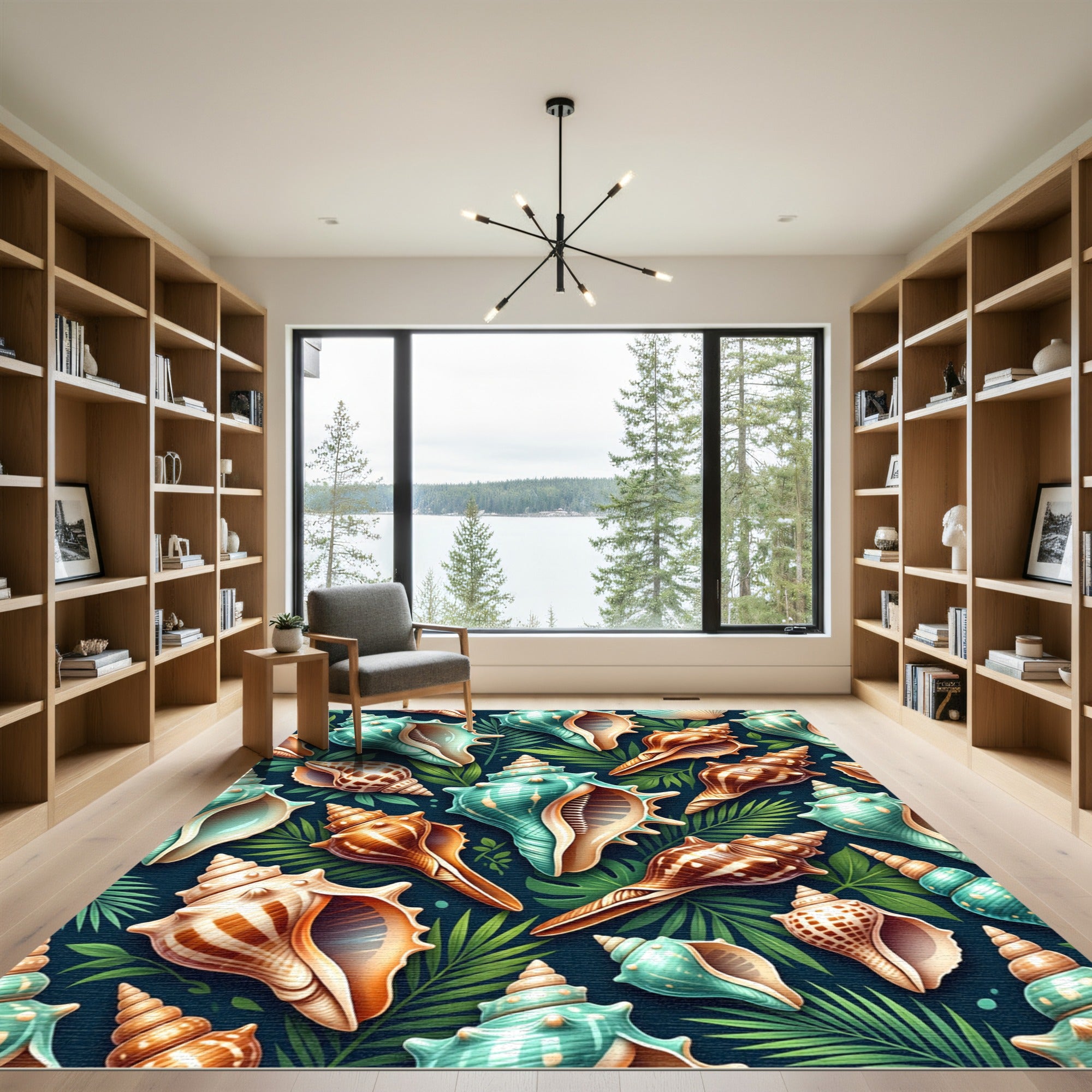 Tropical Teal Seashell and Leaf Illustration Rug