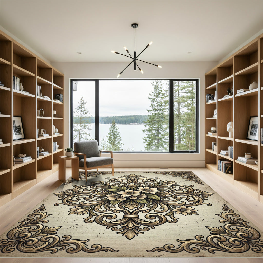 Elegant Baroque Floral Scroll Medallion Rug
