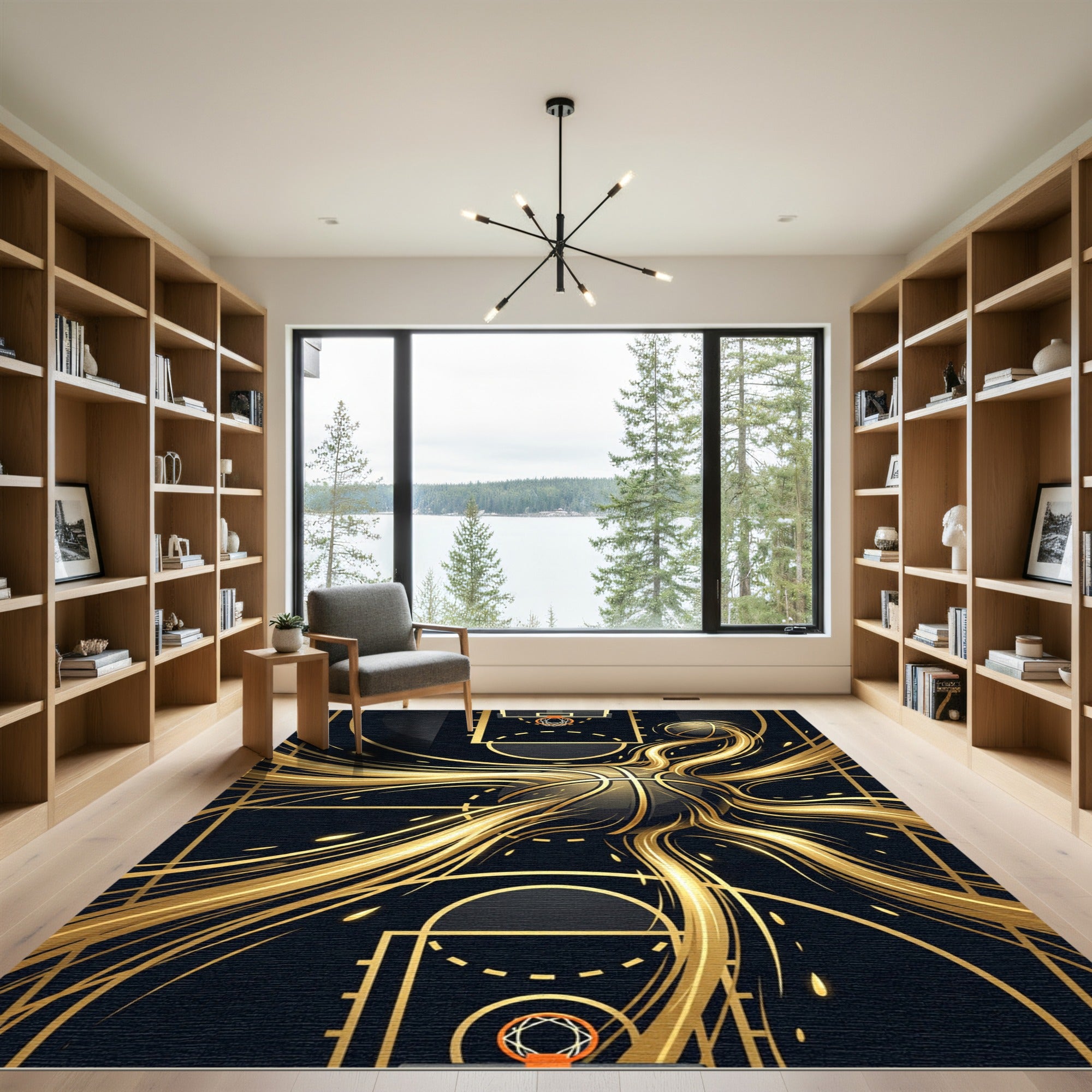 Golden Orbit Basketball Swirl Abstract Rug