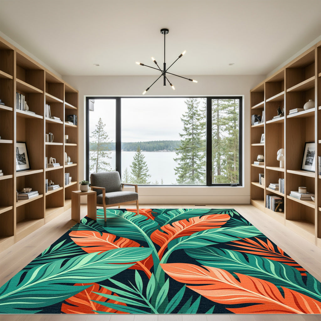 Vibrant Tropical Orange and Teal Foliage Rug
