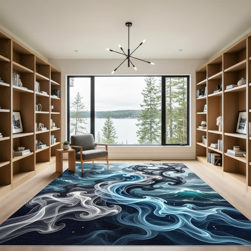 Dynamic Blue White Smoke Swirls Rug