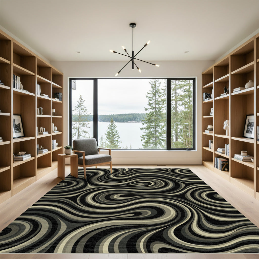 Abstract Swirling Monochrome Ribbon Curves Rug