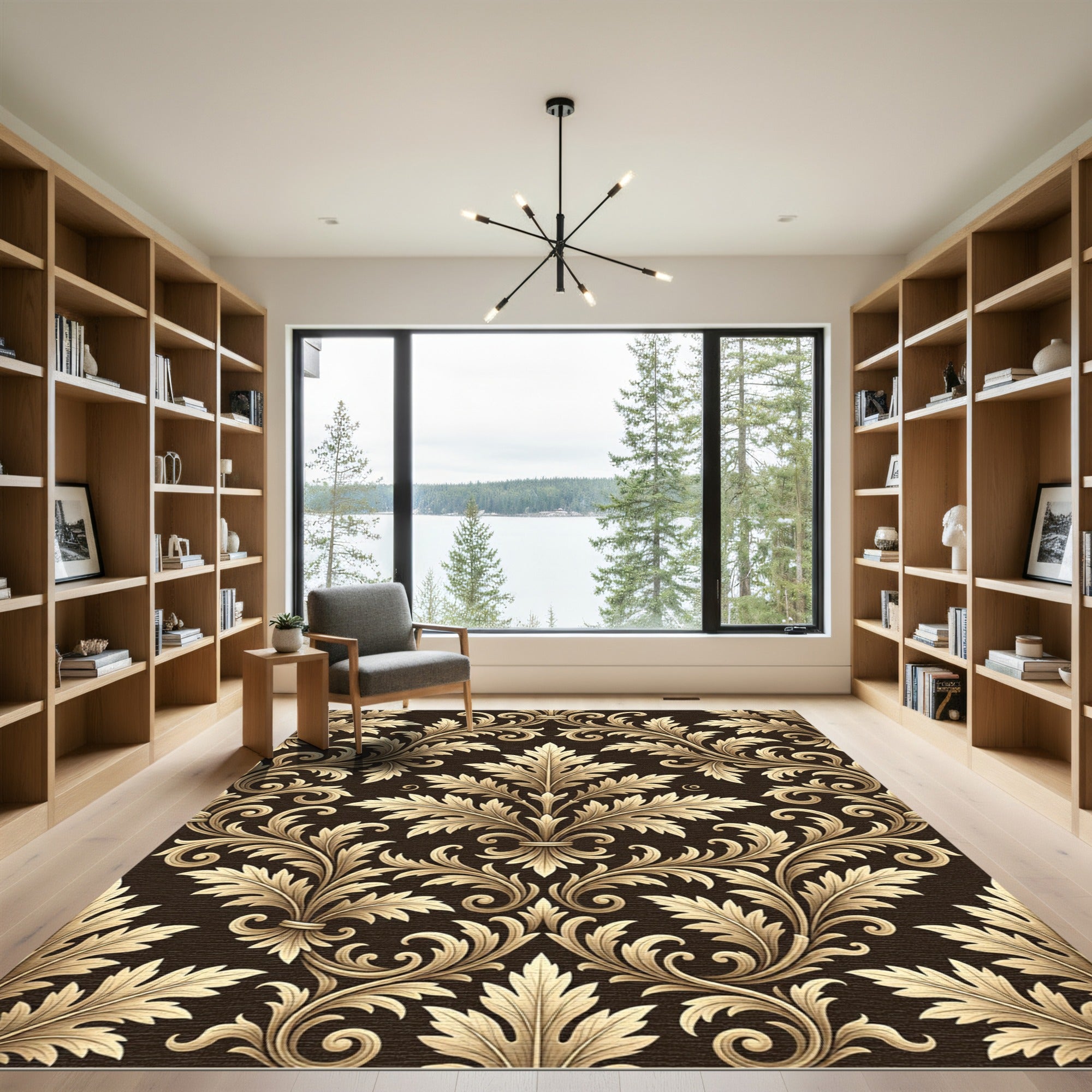 Elegant Gold Acanthus Leaf Damask Rug