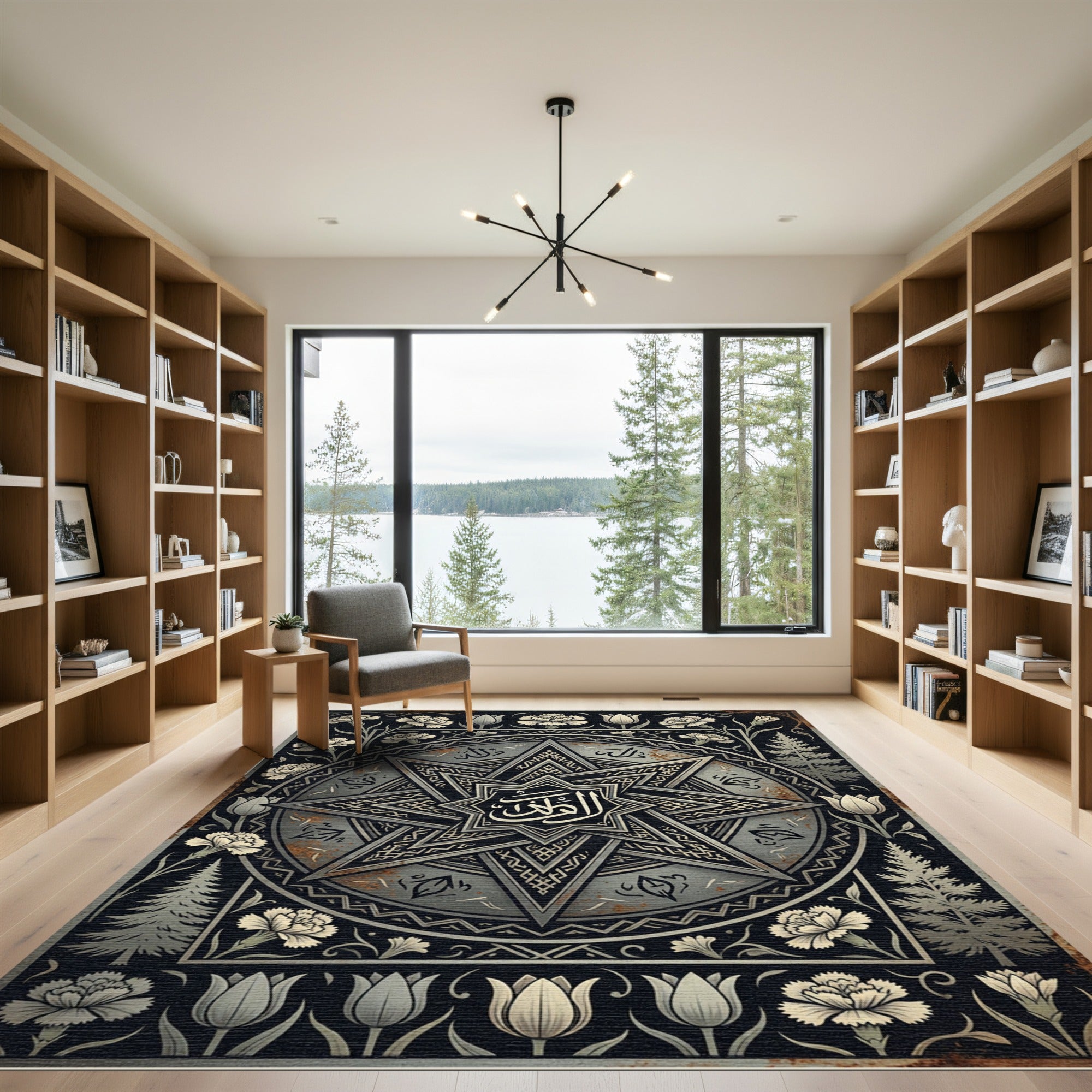 Monochromatic Floral Star Geometric Medallion Rug