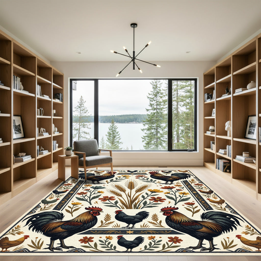 Rustic Farmhouse Rooster and Wheat Harvest Rug