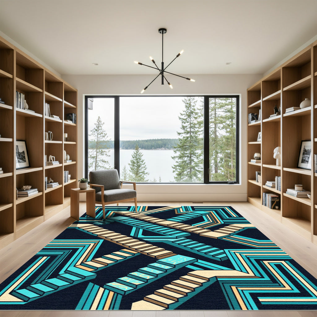 Geometric Teal and Cream Isometric Staircase Rug