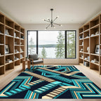 Geometric Teal and Cream Isometric Staircase Rug
