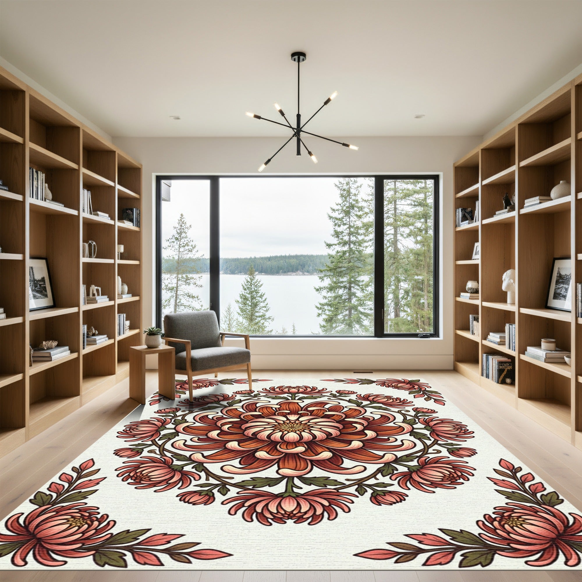 Coral Chrysanthemum Floral Mandala Arrangement Rug