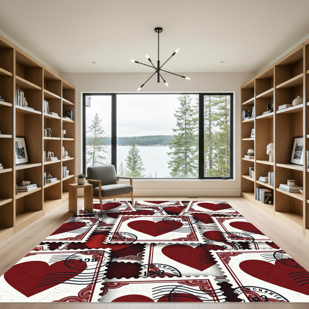Deep Red Heart Postage Stamp Collage Rug