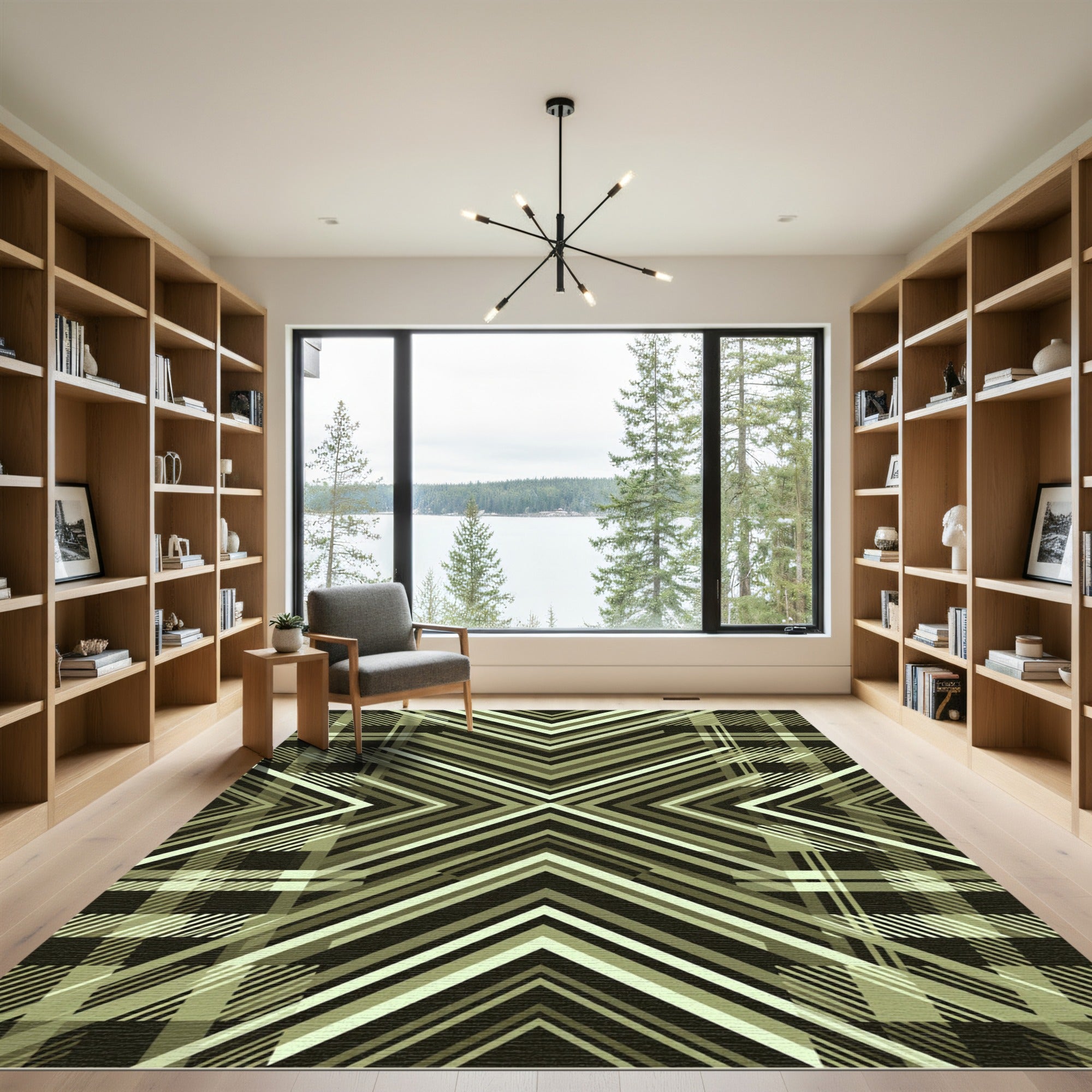 Modern Olive Geometric Chevron Plaid Rug
