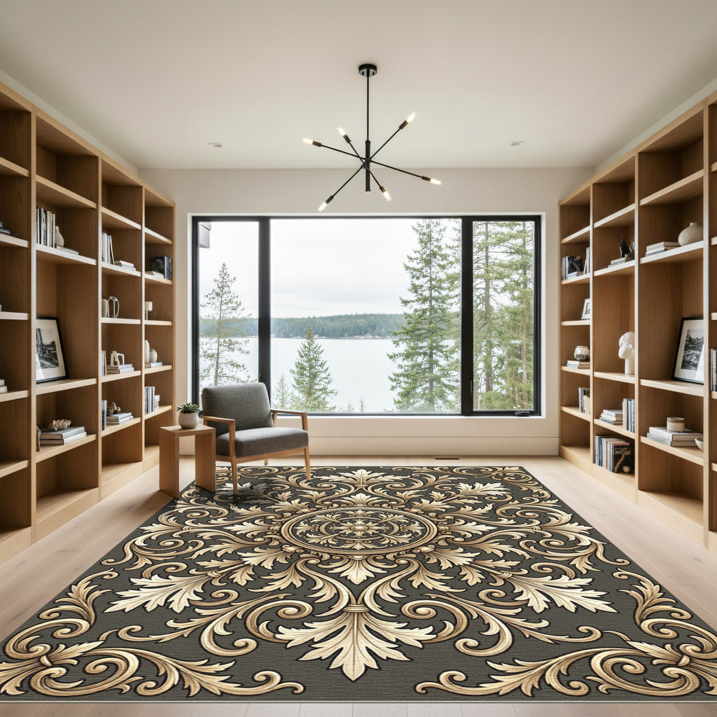 Ornate Gold Damask Floral Medallion Rug