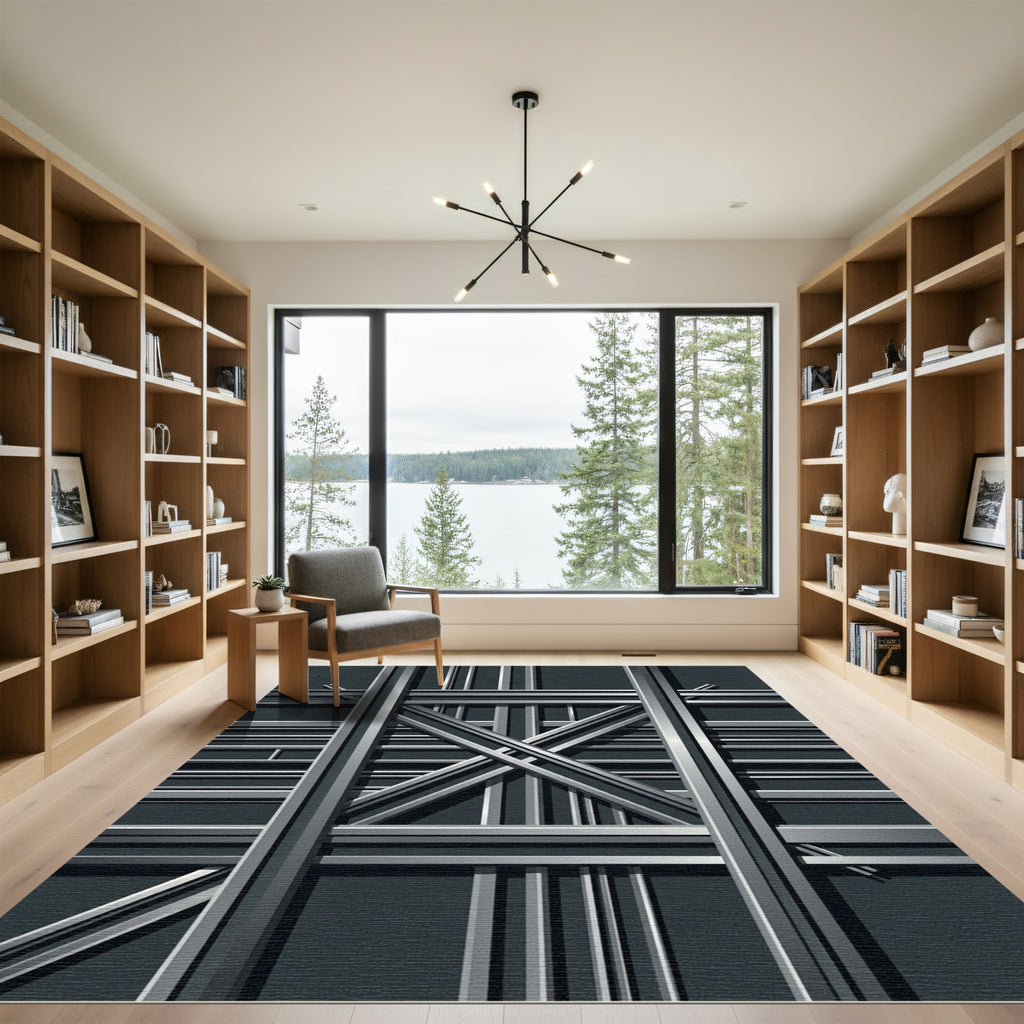 Industrial Geometric Charcoal Steel Grid Rug