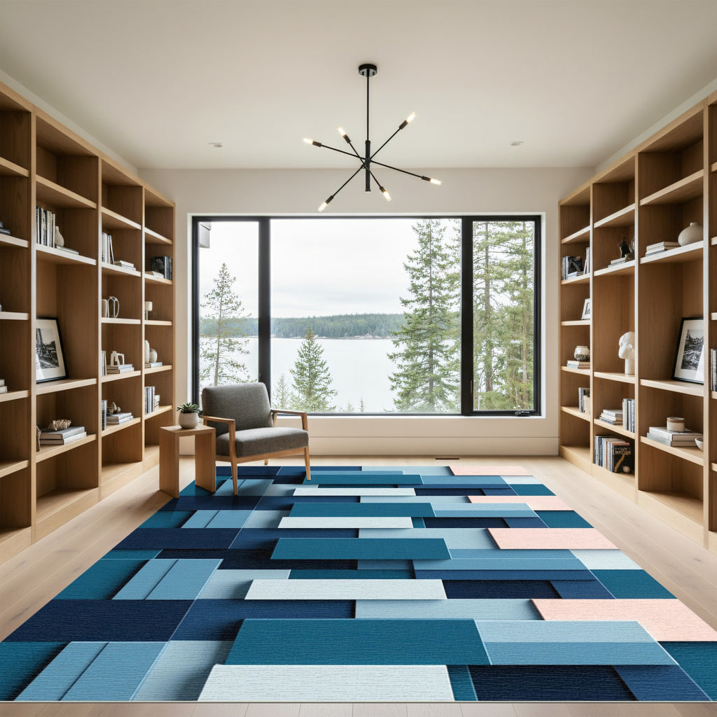 Modern Blue Tonal Stacked Rectangles Rug
