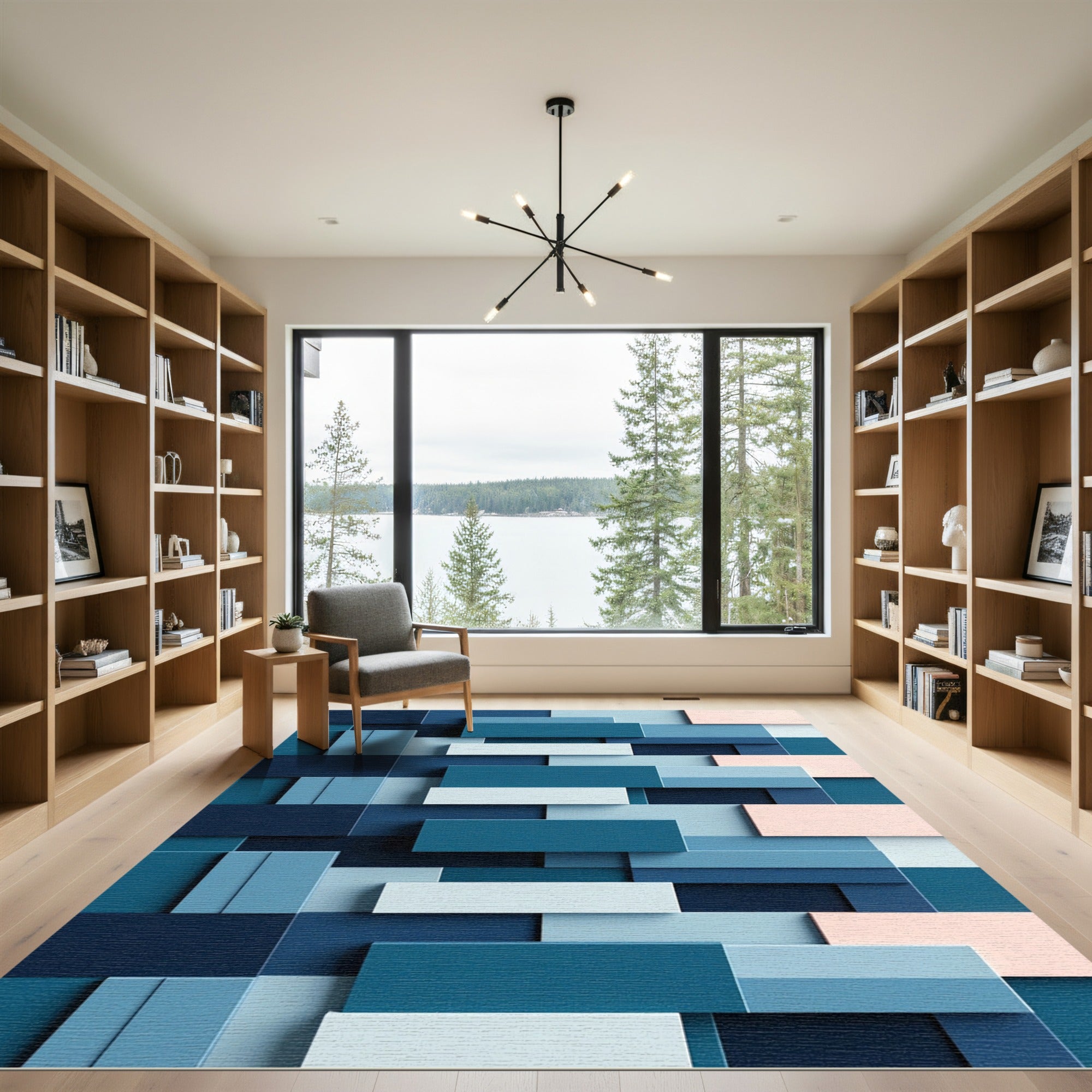 Modern Blue Tonal Stacked Rectangles Rug