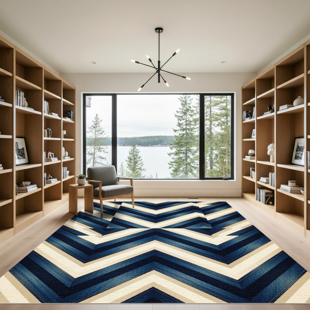 Navy Blue Chevron Geometric Statement Rug
