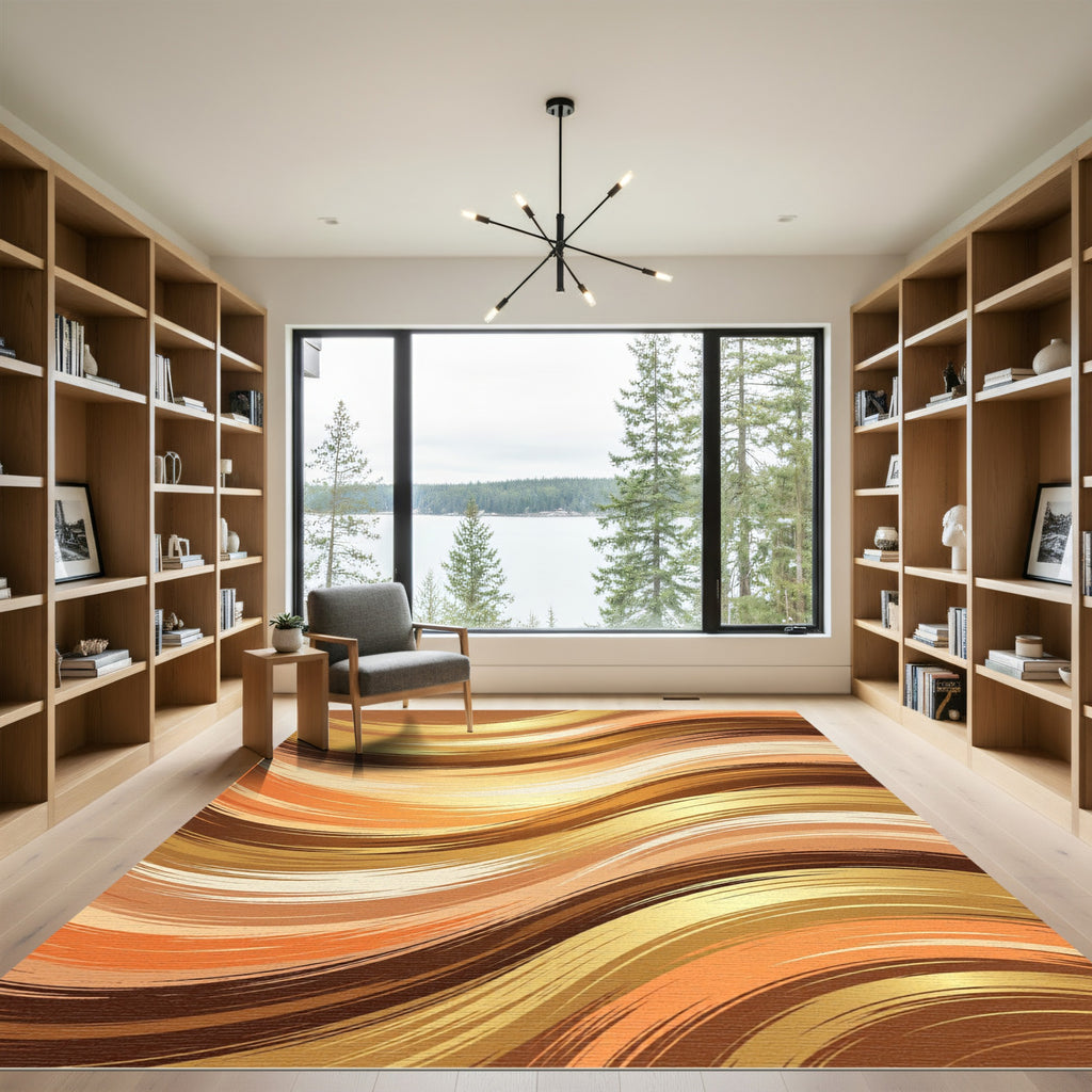 Golden Ochre Abstract Fluid Wave Rug