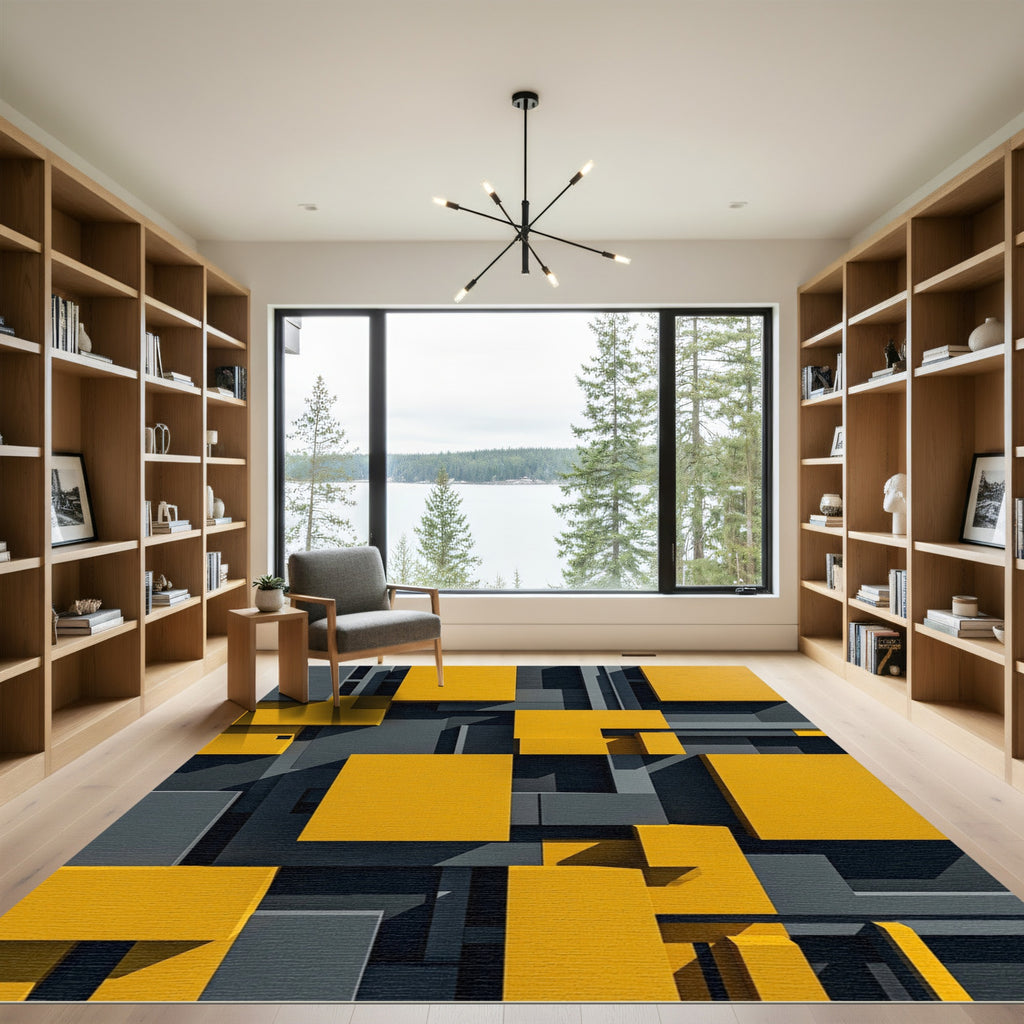 Modern Golden Yellow Geometric Blocks Rug