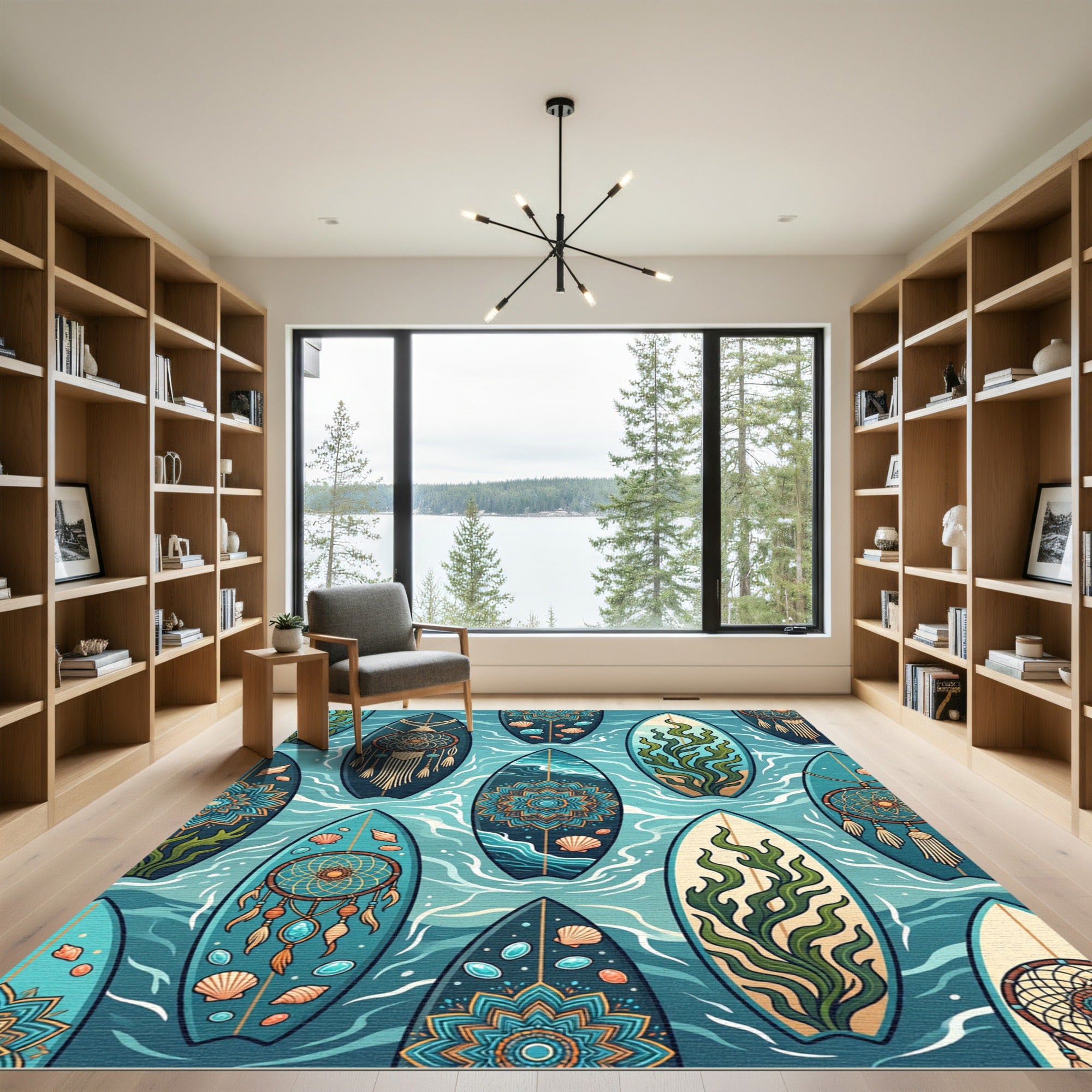 Coastal Teal Surfboard Dreamcatcher Kelp Art Rug