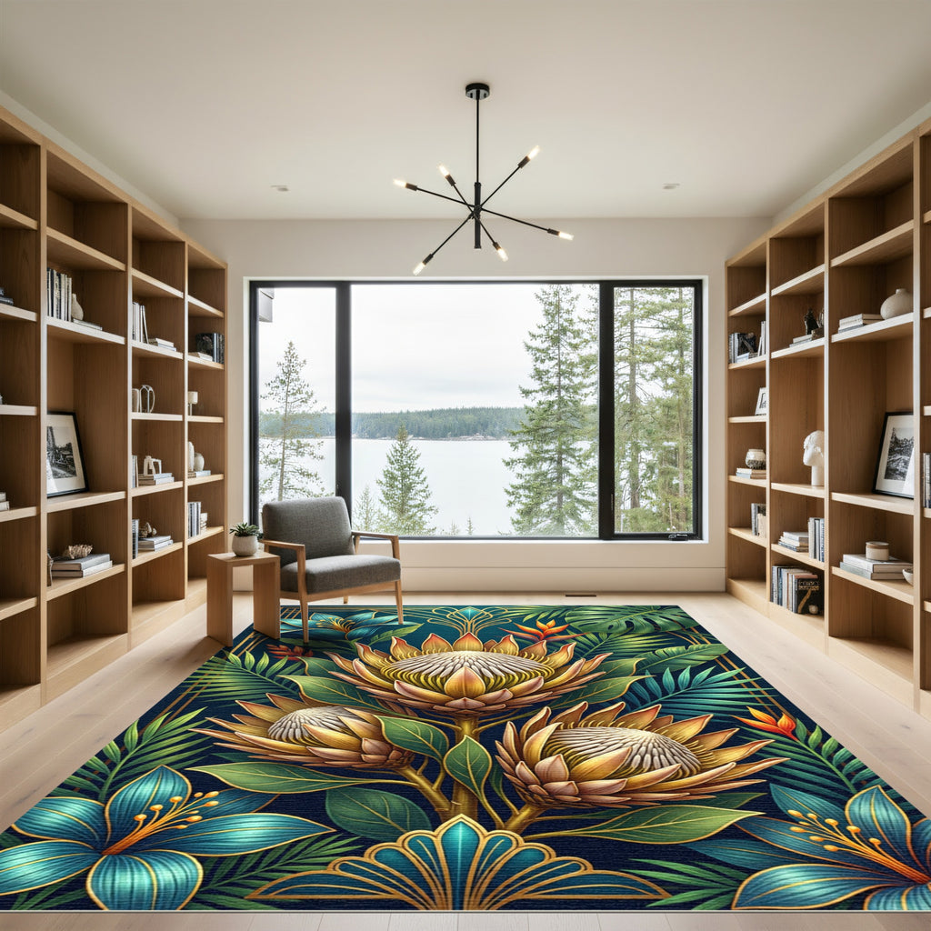 Art Deco Golden Protea Tropical Foliage Rug