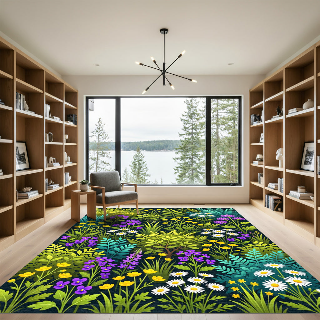 Vibrant Yellow Purple Daisy Meadow Rug