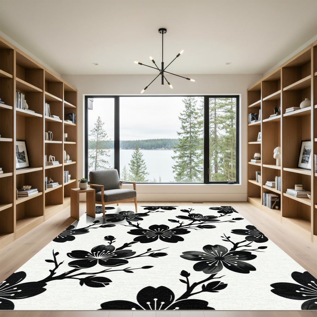 Minimalist Black and White Floral Branch Rug