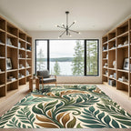 Elegant Green and Gold Leaf Swirl Rug