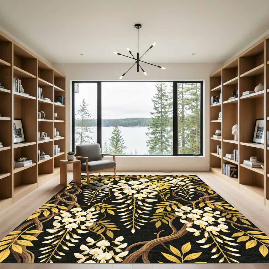 Elegant Gold Wisteria Floral Vine Rug