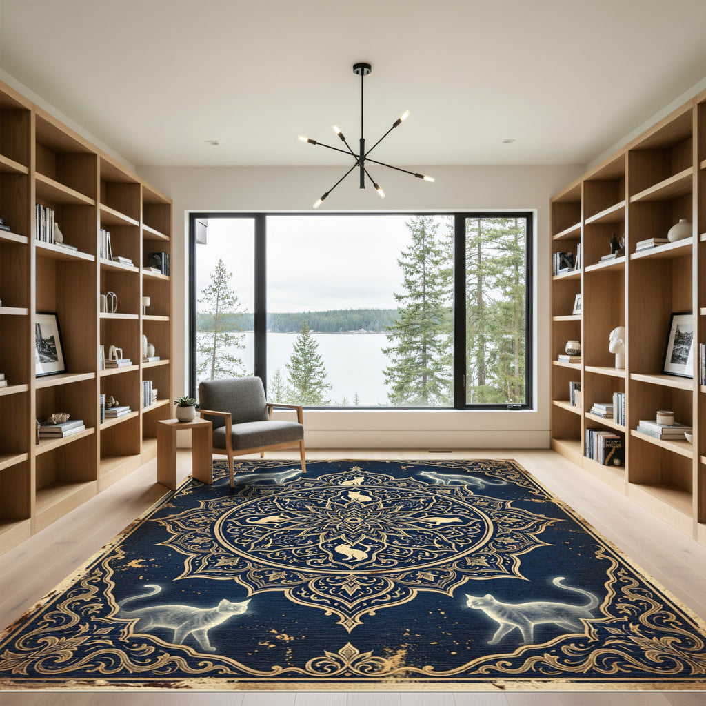 Celestial Feline Mandala Navy Gold Rug